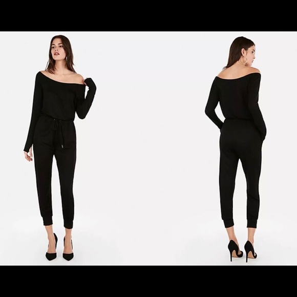 olivia culpo off the shoulder tie waist jumpsuit